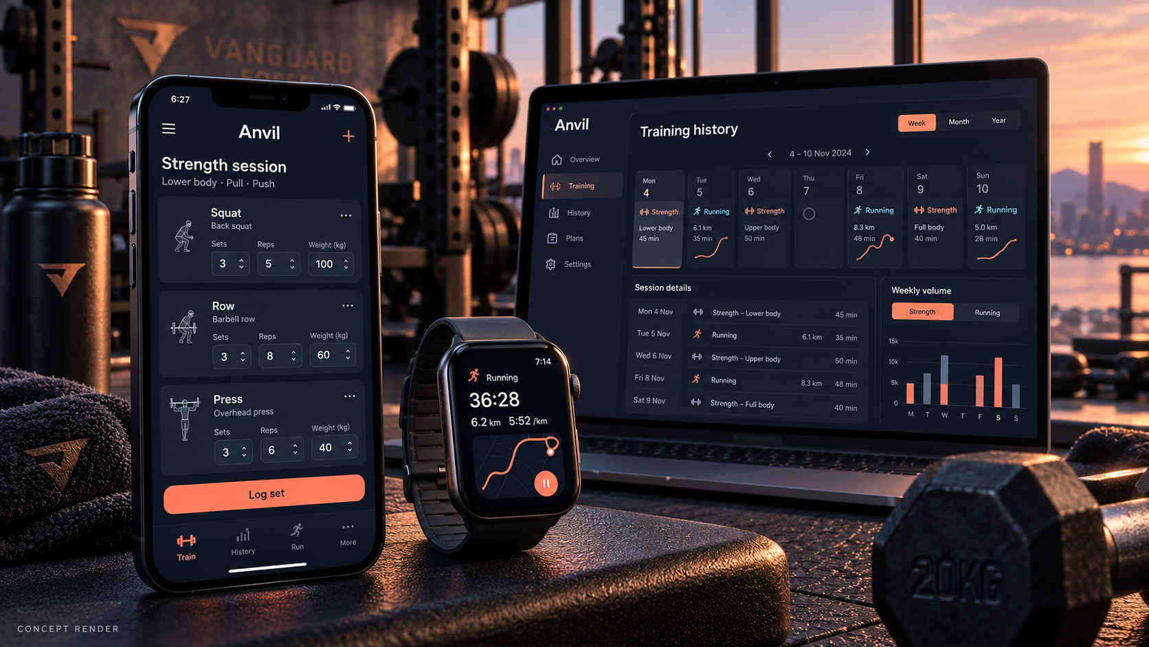 Concept render of Anvil training sessions and activity history across iPhone, Apple Watch and Mac, using illustrative data.