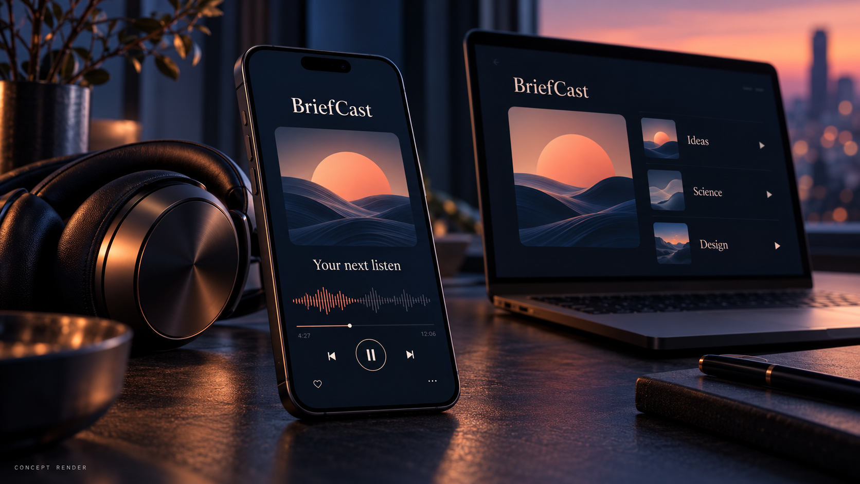 Concept render of BriefCast audio player on a phone and laptop, using illustrative data.