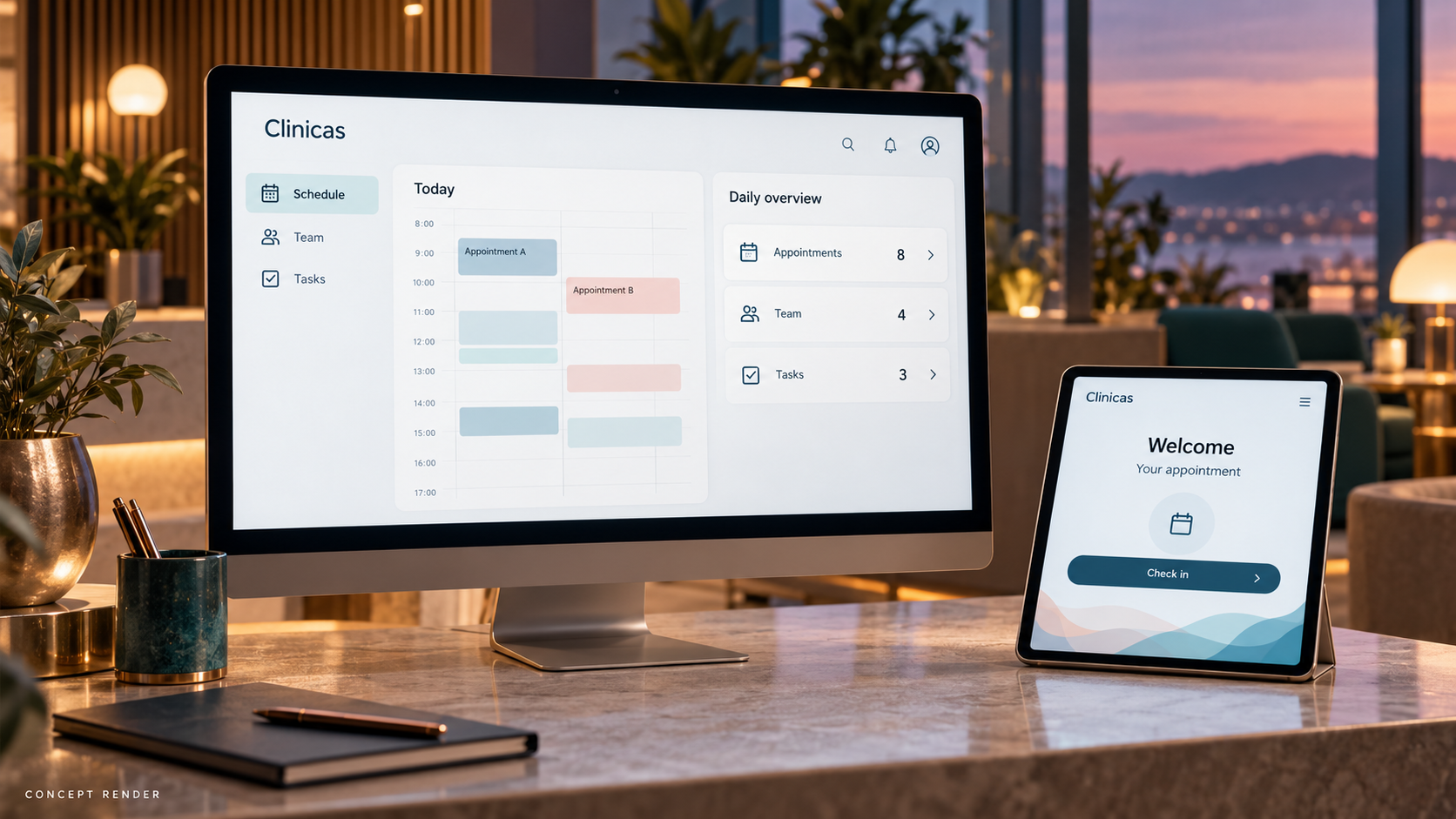 Concept render of Clinicas practice-management screens, using illustrative data.