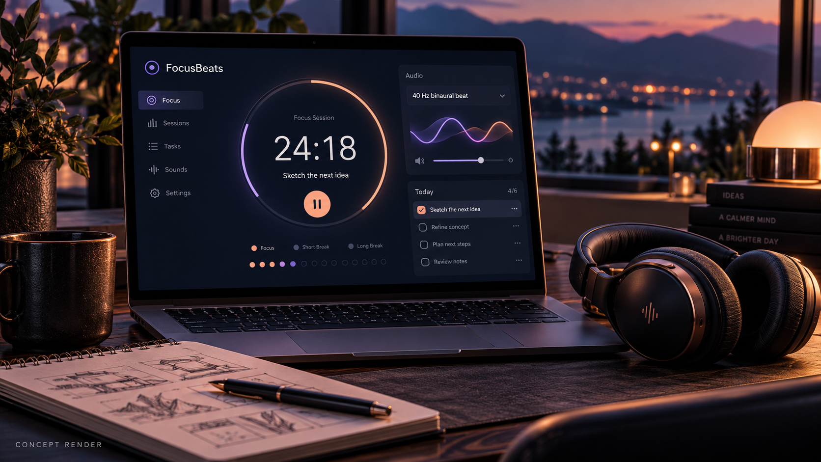 Concept render of FocusBeats work intervals and task planning on a browser screen, using illustrative data.