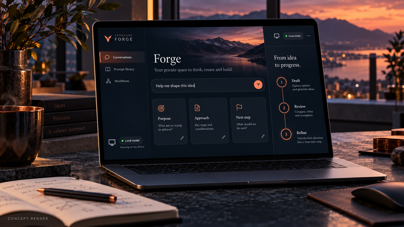 Concept render of Forge local model conversations on a laptop, using illustrative data.