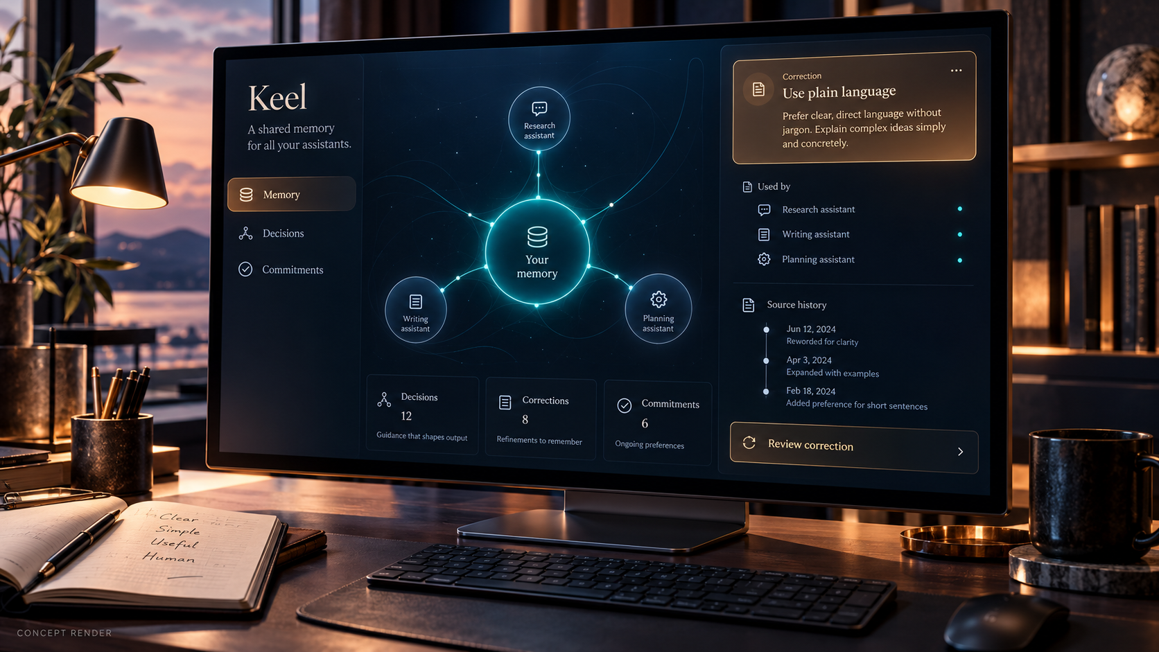 Concept render of Keel shared memory records and corrections on desktop screens, using illustrative data.