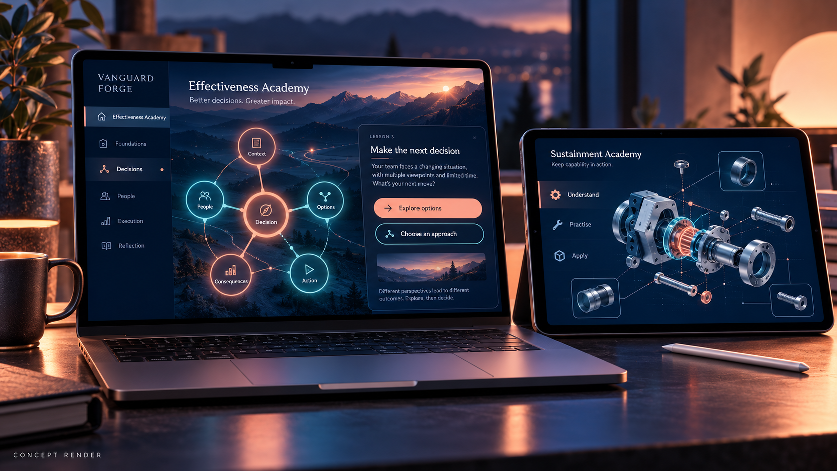Concept render of practice-led learning screens arranged on a laptop and tablet.