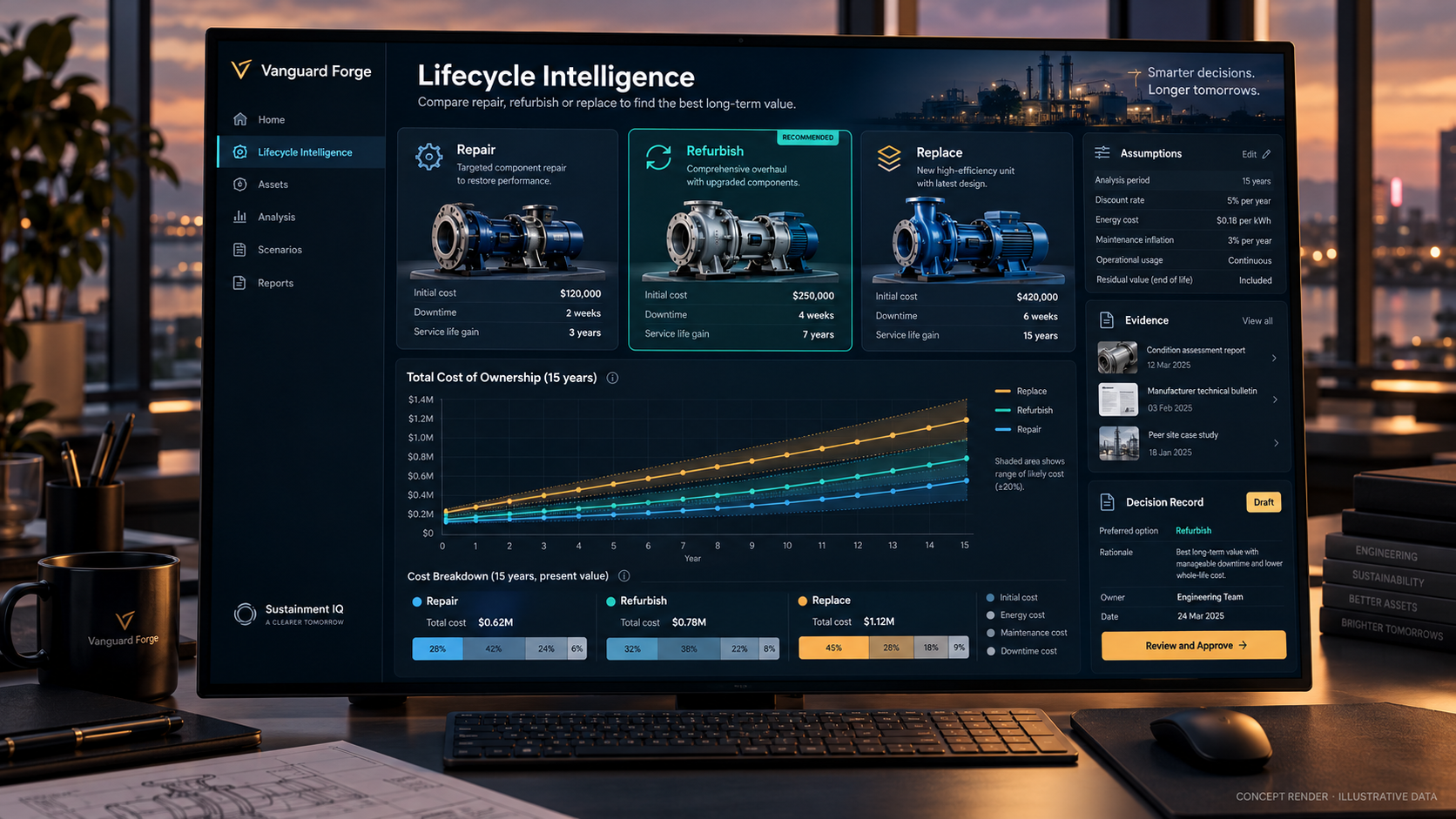 Concept render of Lifecycle Intelligence for service-life decisions, using illustrative data.