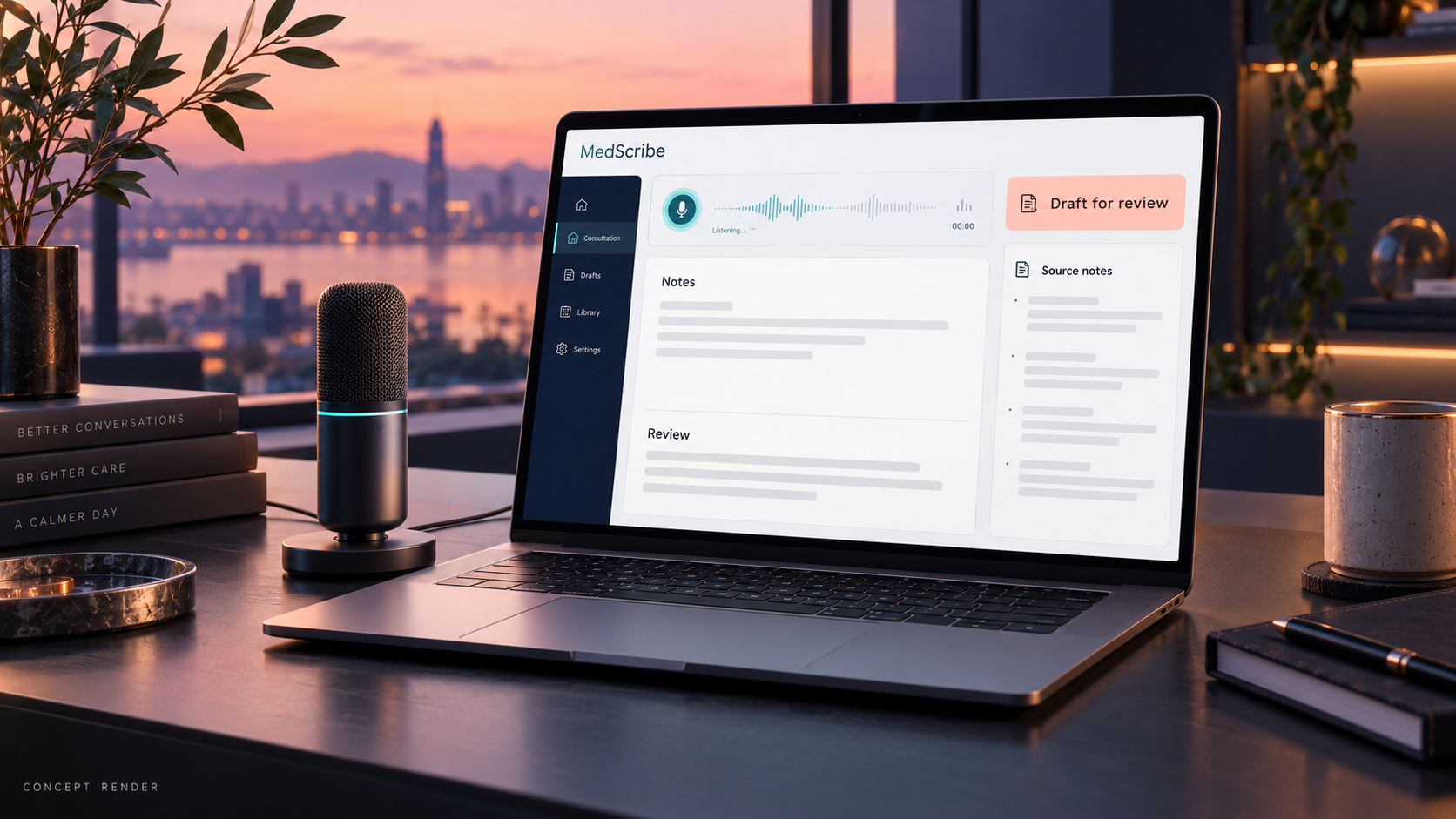 Concept render of MedScribe consultation-documentation screens, using illustrative data.