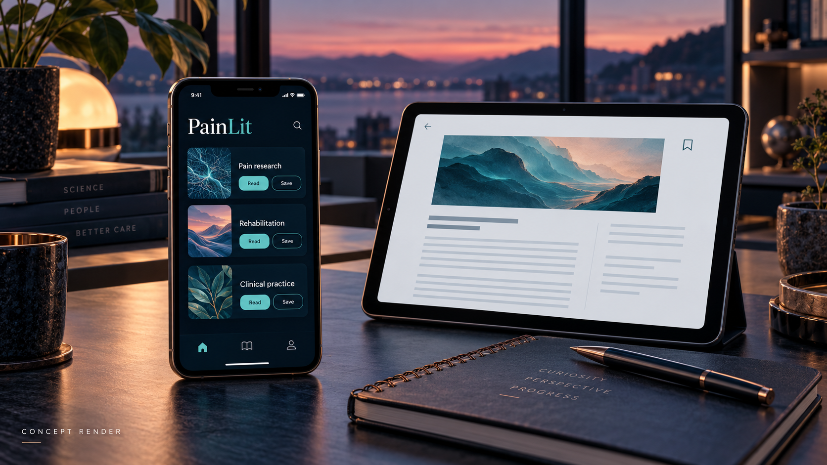 Concept render of PainLit research-reading screens, using illustrative data.