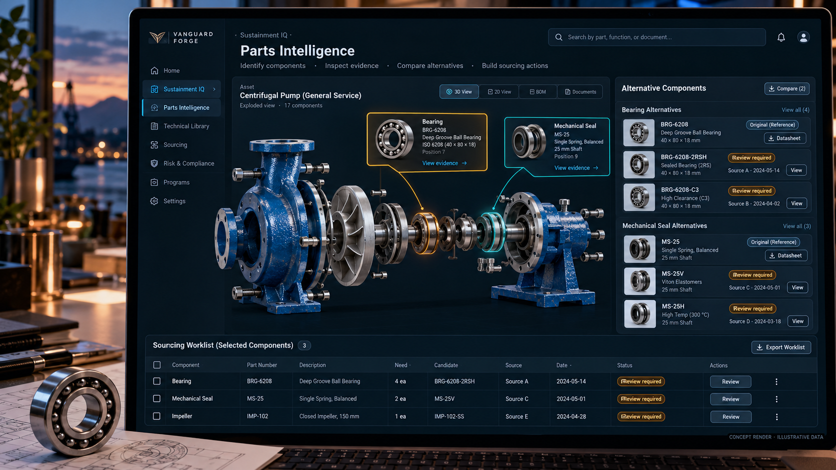 Concept render of Parts Intelligence for part-level decisions, using illustrative data.