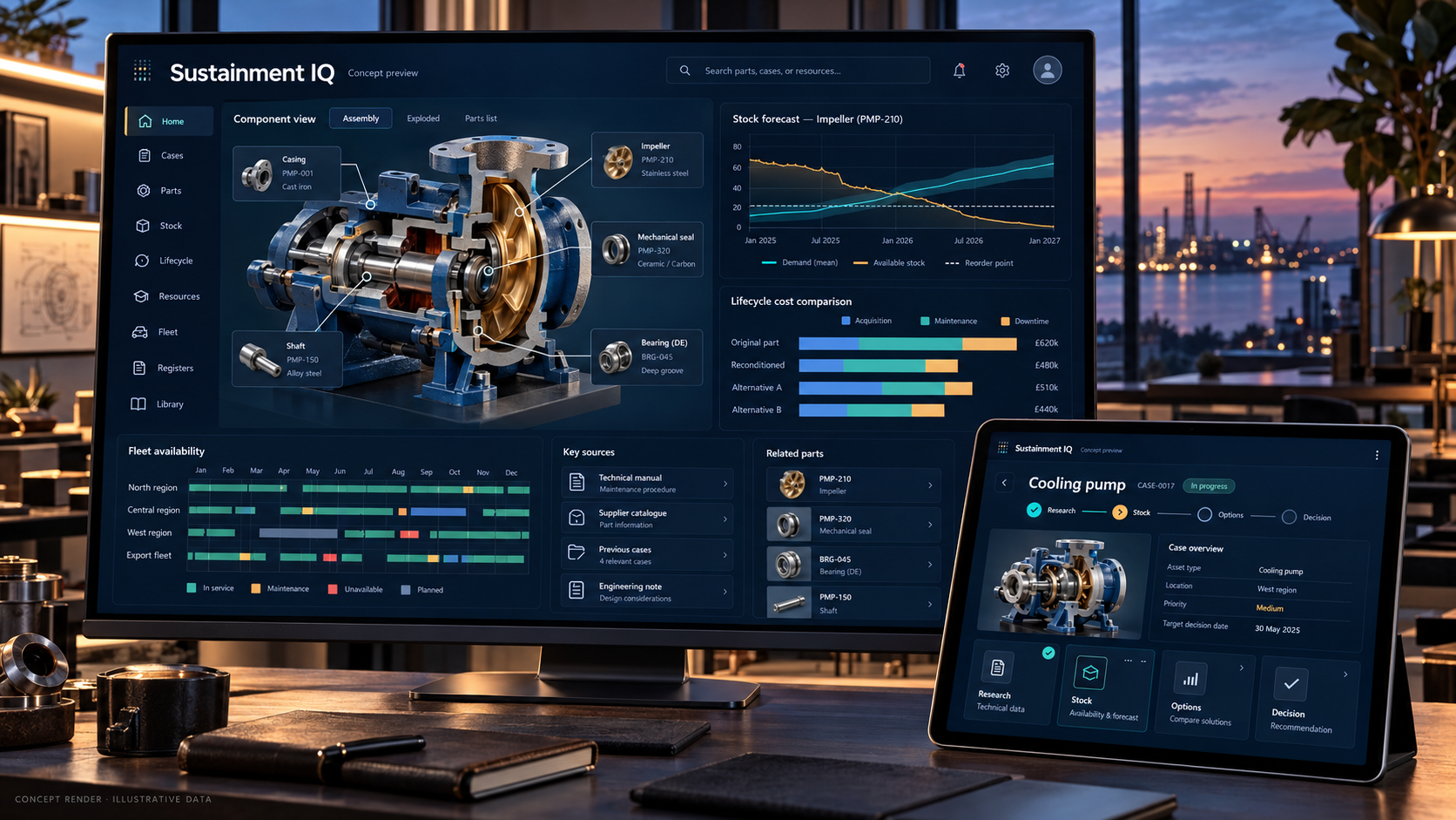 Concept render of Sustainment IQ as a connected suite for engineering decisions, learning and service-life work, using illustrative data.